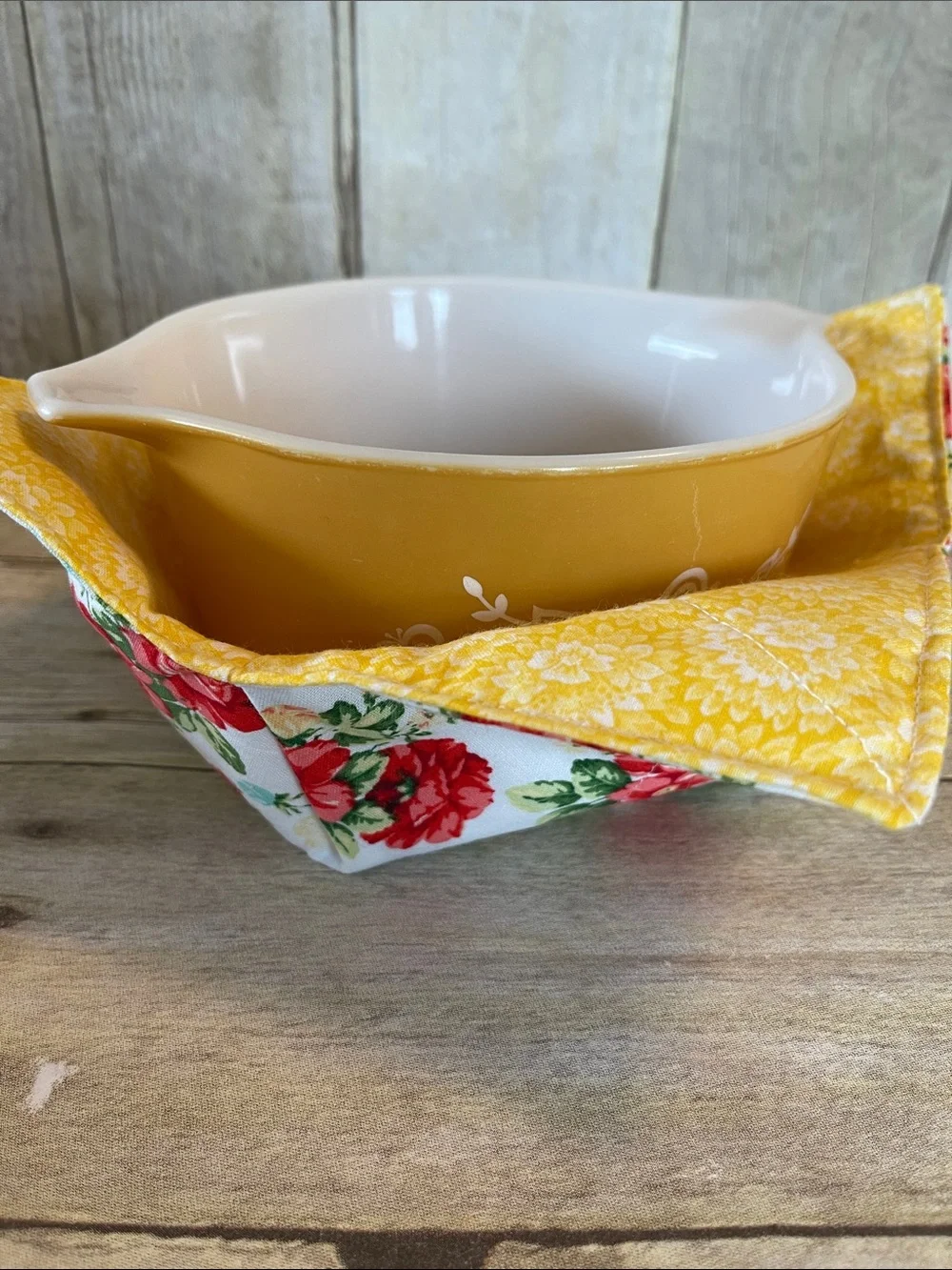 Microwave Bowl Cozy Reversible With Yellow Pioneer Woman Cotton Fabric Flowers